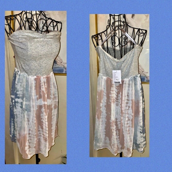 KIMCHI BLUE STRAPLESS CORSET DRESS W/TIE DYE CHIFFON SKIRT~GRAY/BLUE/TAUPE~LARGE - Picture 1 of 4